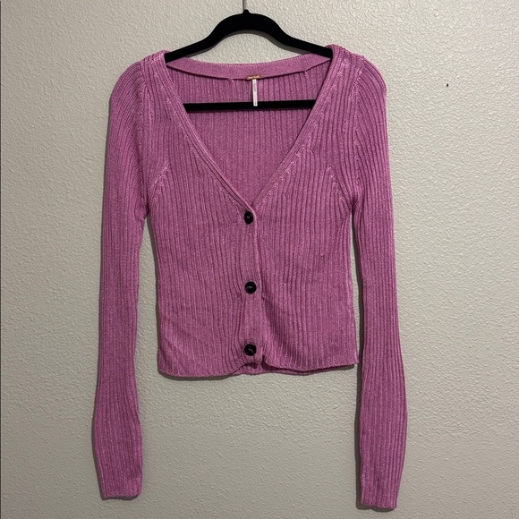 Free People Game On Cardi in Metallic Pink Ribbed - Picture 2 of 6